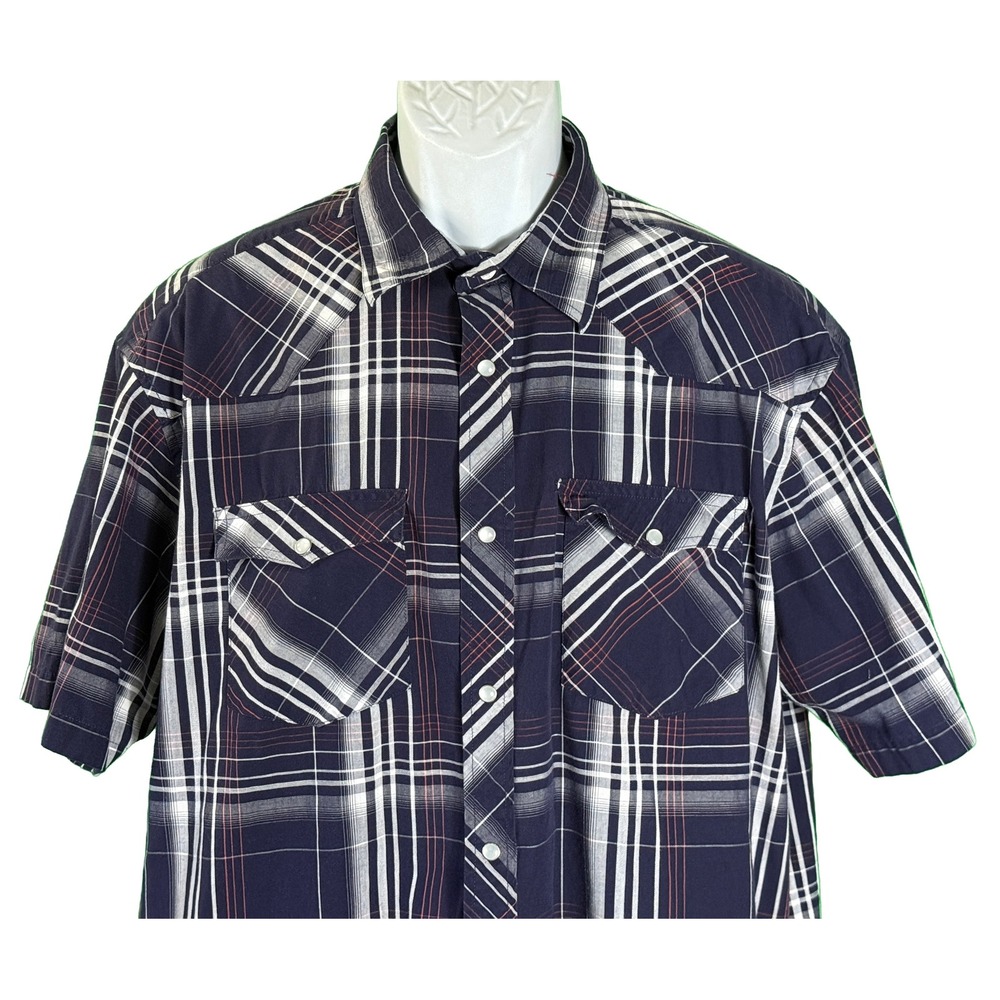 Gioberti Western Shirt Mens XL Navy Blue Plaid Short Sleeve Pearl Snap Yoke - Picture 2 of 5